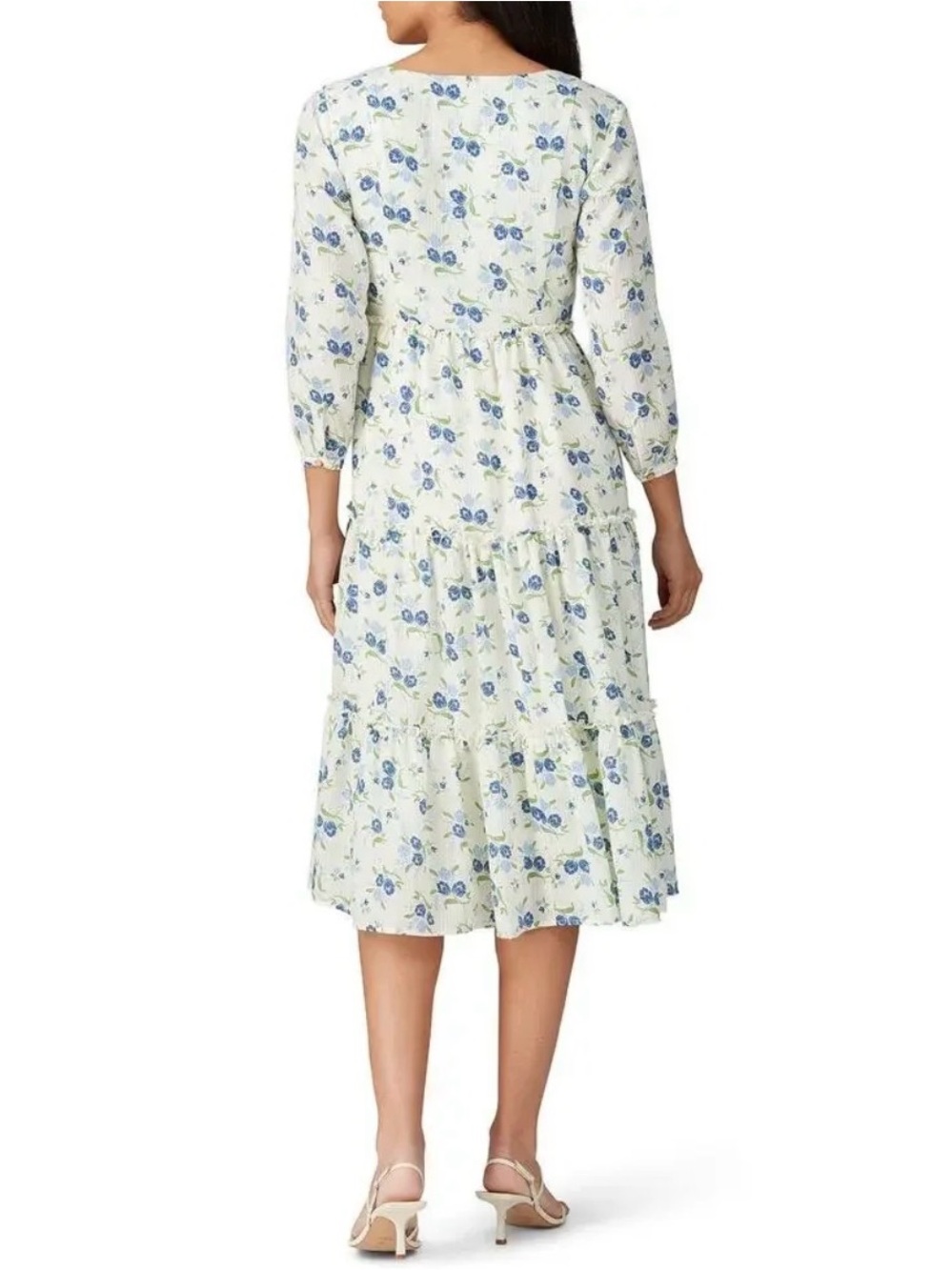 Sweet Baby Jamie Ivory Floral Print Tiered 3/4 Sleeve Midi Dress, size Large - Picture 2 of 13